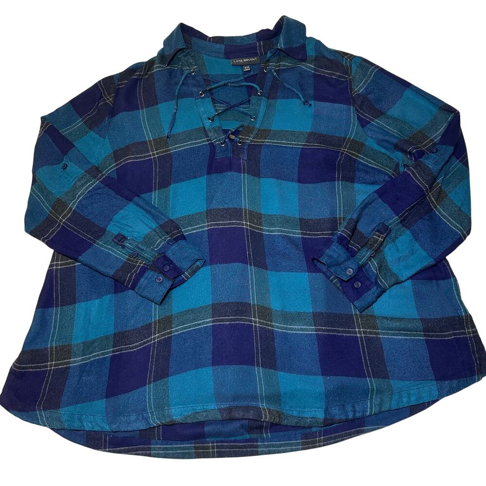 Lane Bryant Shirt 18/20 Flannel Lightweight Plaid Tie Front Pullover Roll Tab